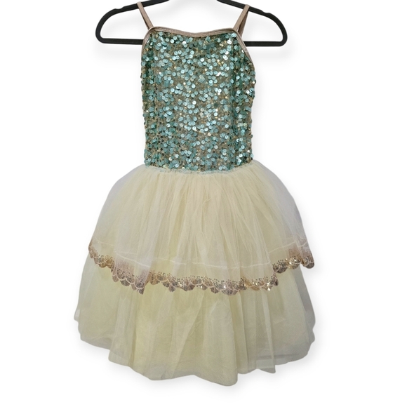 Curtain Call Costumes Other - Gold and Aqua sequin girls XL curtain call costumes dress tutu dance halloween